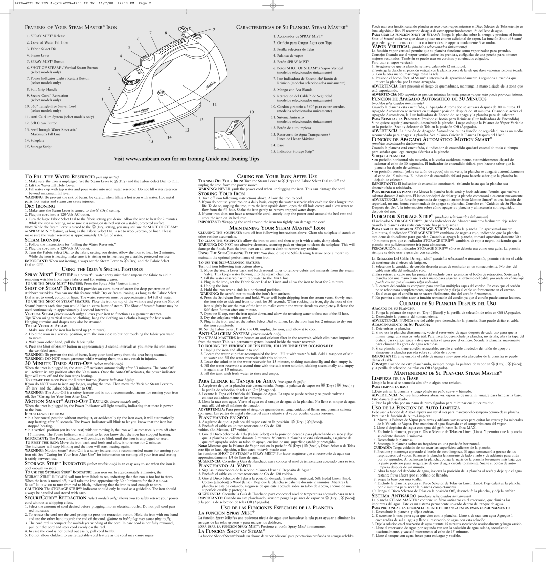 Sunbeam 4232, 4234 Función DE Apagado Automático DE 30 Minutos, Función DE Apagado Automático Motion Smart, DRY Ironing 