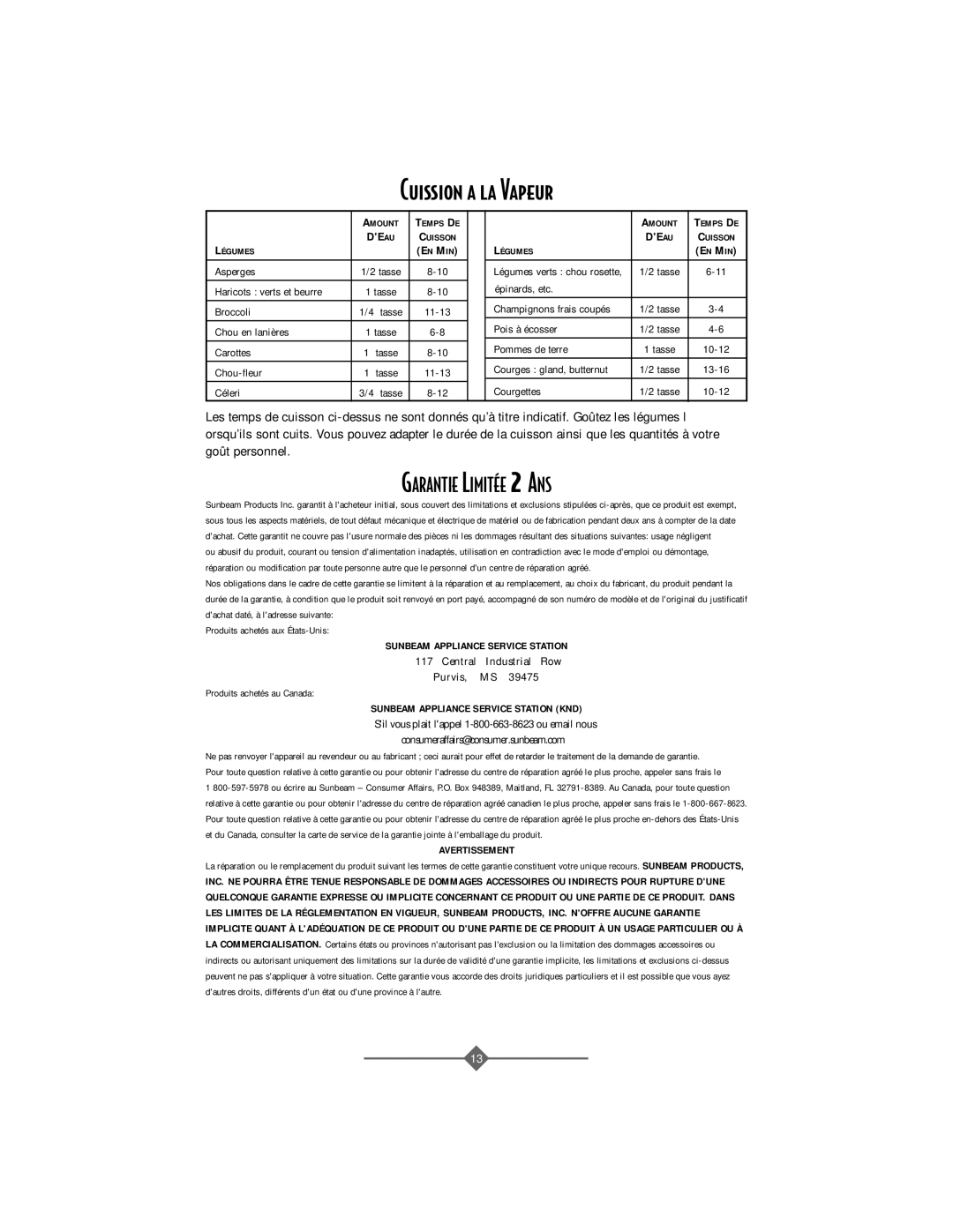 Sunbeam 4708, 4706 instruction manual Cuission a la Vapeur, En Min, Sunbeam Appliance Service Station KND, Avertissement 