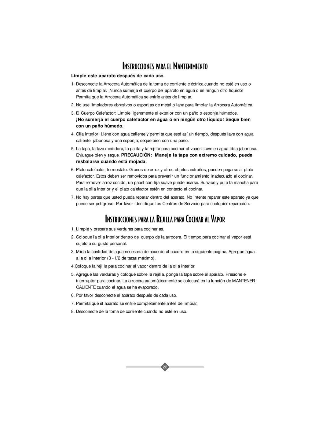 Sunbeam 4706, 4708 Instrucciones Para EL Mantenimiento, Instrucciones Para LA Rejilla Para Cocinar AL Vapor 