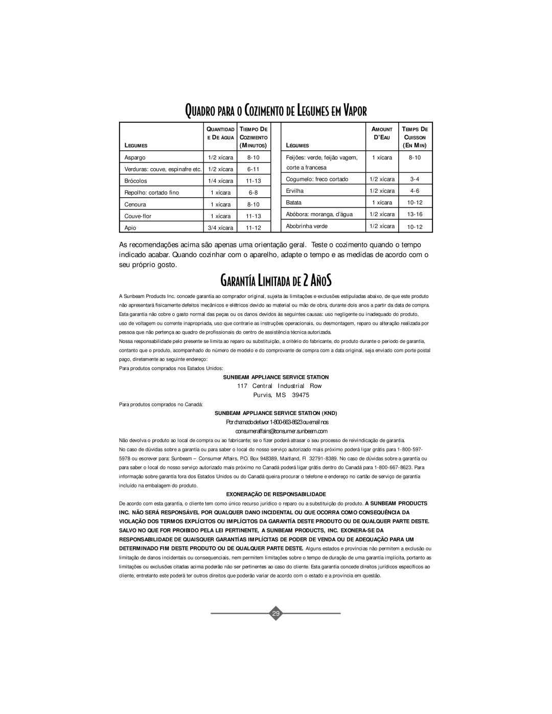 Sunbeam 4708 Quadro Para O Cozimento DE Legumes EM Vapor, GARANTêA Limitada DE 2 A„OS, Exoneração DE Responsabilidade 