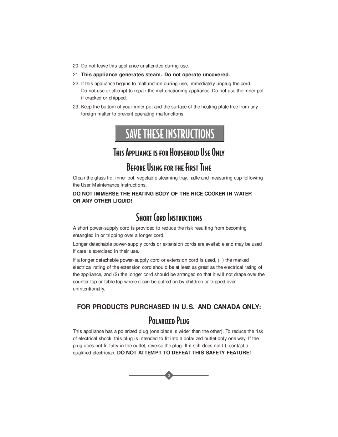 Sunbeam 4708, 4706 instruction manual Short Cord Instructions, Polarized Plug 