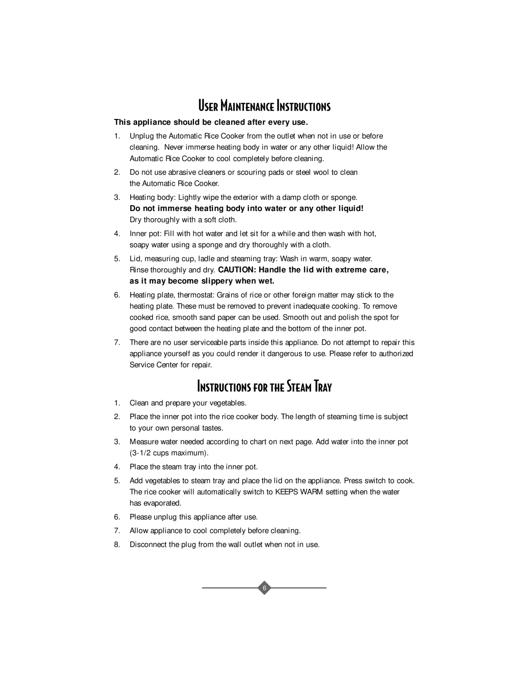 Sunbeam 4706, 4708 instruction manual User Maintenance Instructions, Instructions for the Steam Tray 