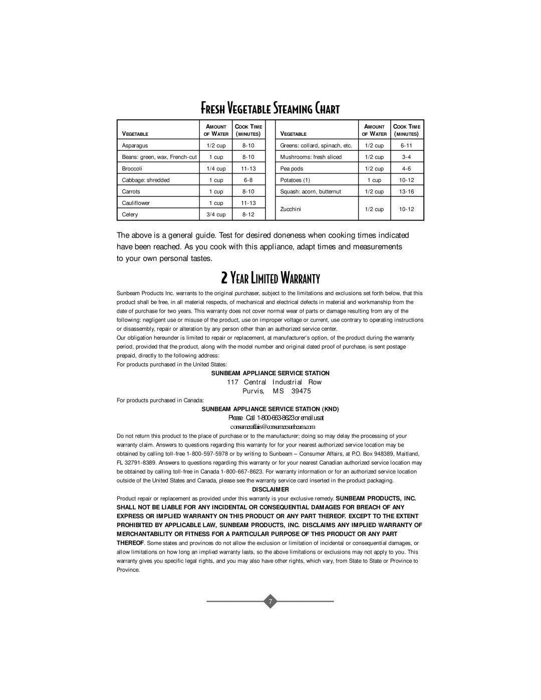 Sunbeam 4708, 4706 instruction manual Fresh Vegetable Steaming Chart, Year Limited Warranty 