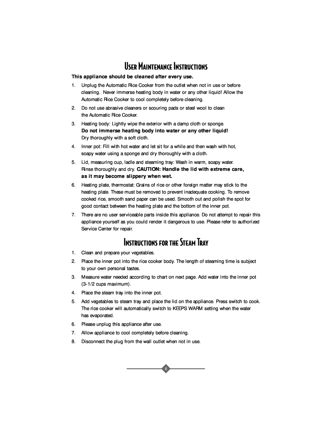Sunbeam 4706, 4708 instruction manual User Maintenance Instructions, Instructions for the Steam Tray 