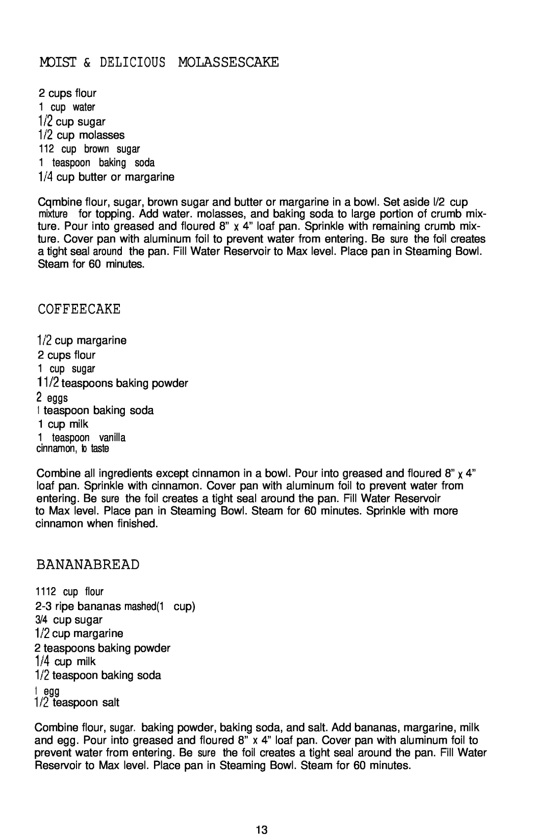 Sunbeam 4713 manual Moist & Delicious Molassescake, Coffeecake, Bananabread 