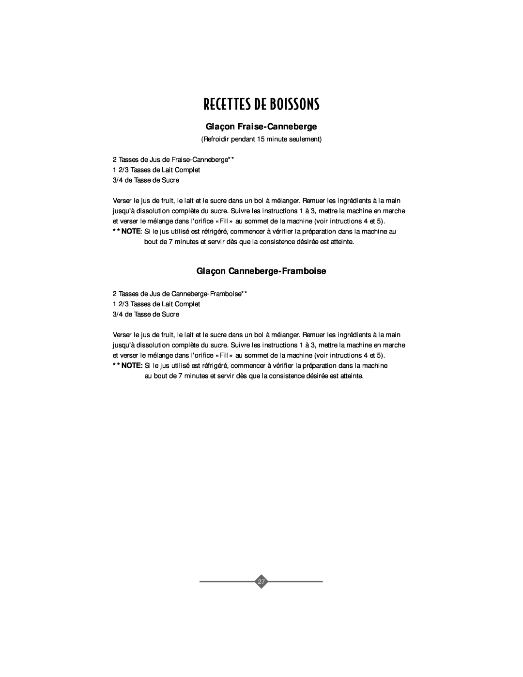Sunbeam 4742, 4743 instruction manual Recettes De Boissons, Glaçon Fraise-Canneberge, Glaçon Canneberge-Framboise 