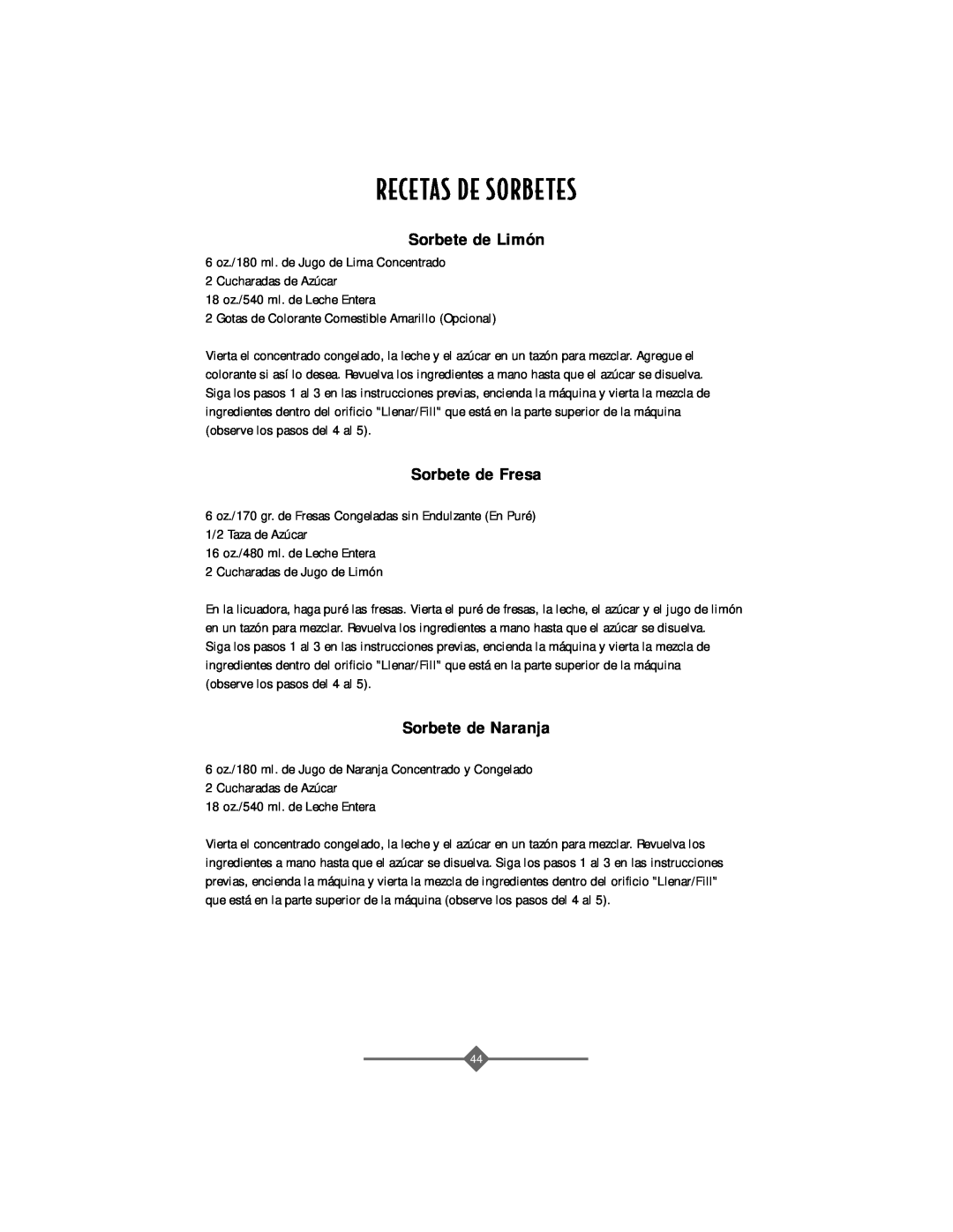 Sunbeam 4743, 4742 instruction manual Recetas De Sorbetes, Sorbete de Limón, Sorbete de Fresa, Sorbete de Naranja 