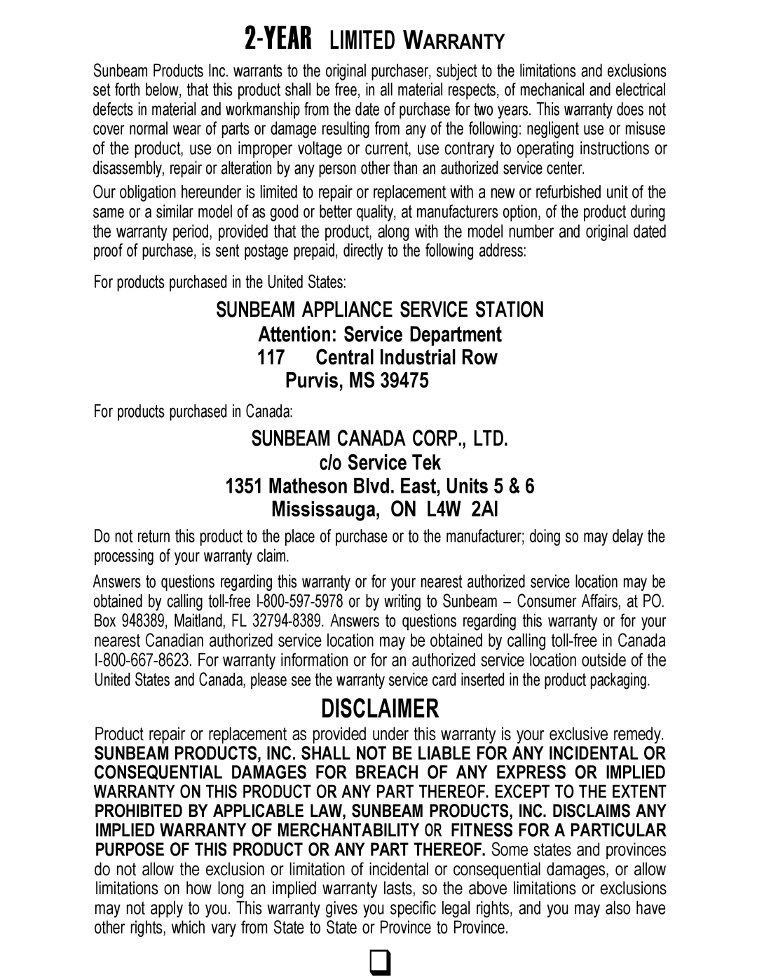 Sunbeam 4744 instruction manual Yearlimited Warranty 