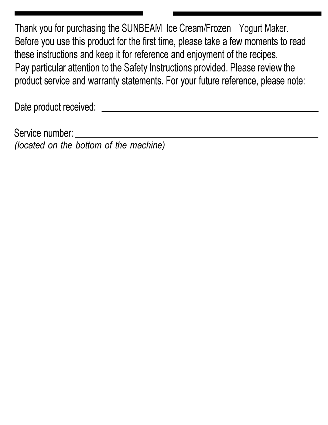 Sunbeam 4744 instruction manual Date product received Service number 