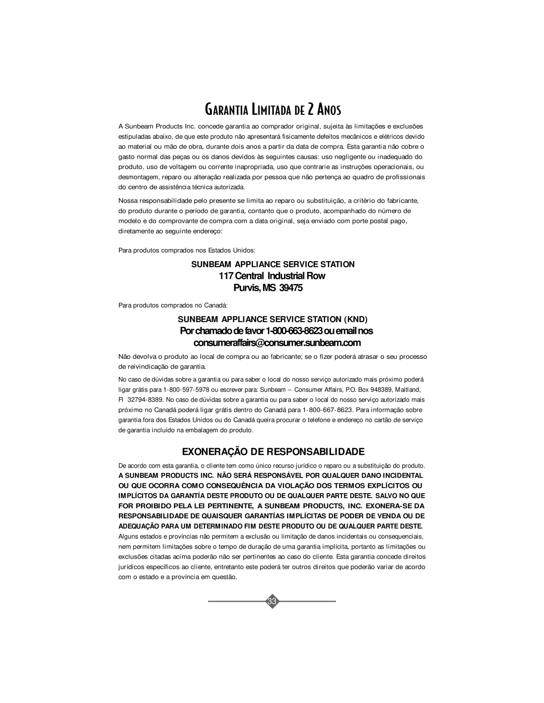 Sunbeam 4816-8 instruction manual Garantia Limitada DE 2 Anos 