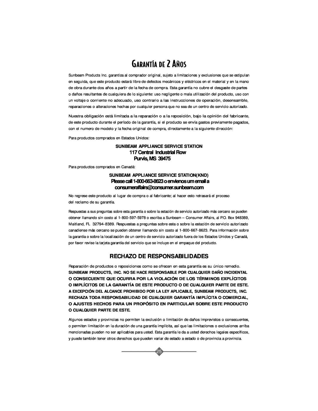 Sunbeam 4816-8 instruction manual GARANTêA DE 2 A„OS, Rechazo De Responsabilidades, Sunbeam Appliance Service Station 