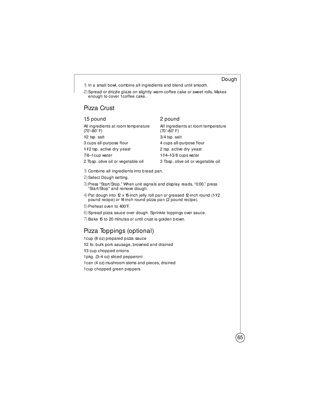 Sunbeam 102817, 5834 user manual Pizza Crust, Pizza Toppings optional, Pound 