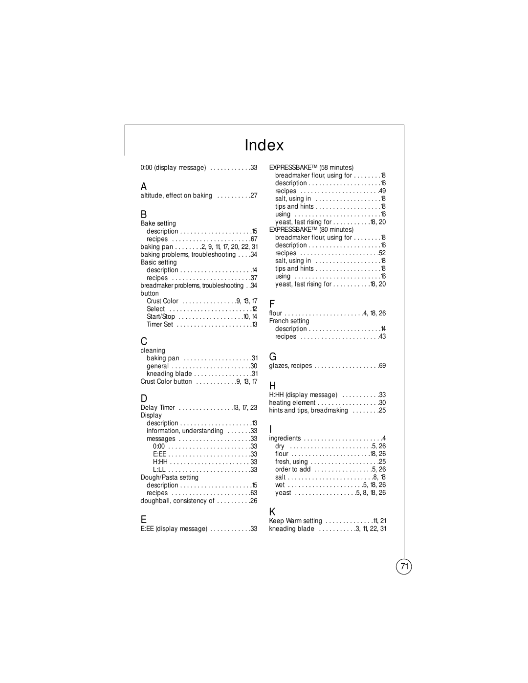 Sunbeam 102817, 5834 user manual Index, Display message Altitude, effect on baking Bake setting 