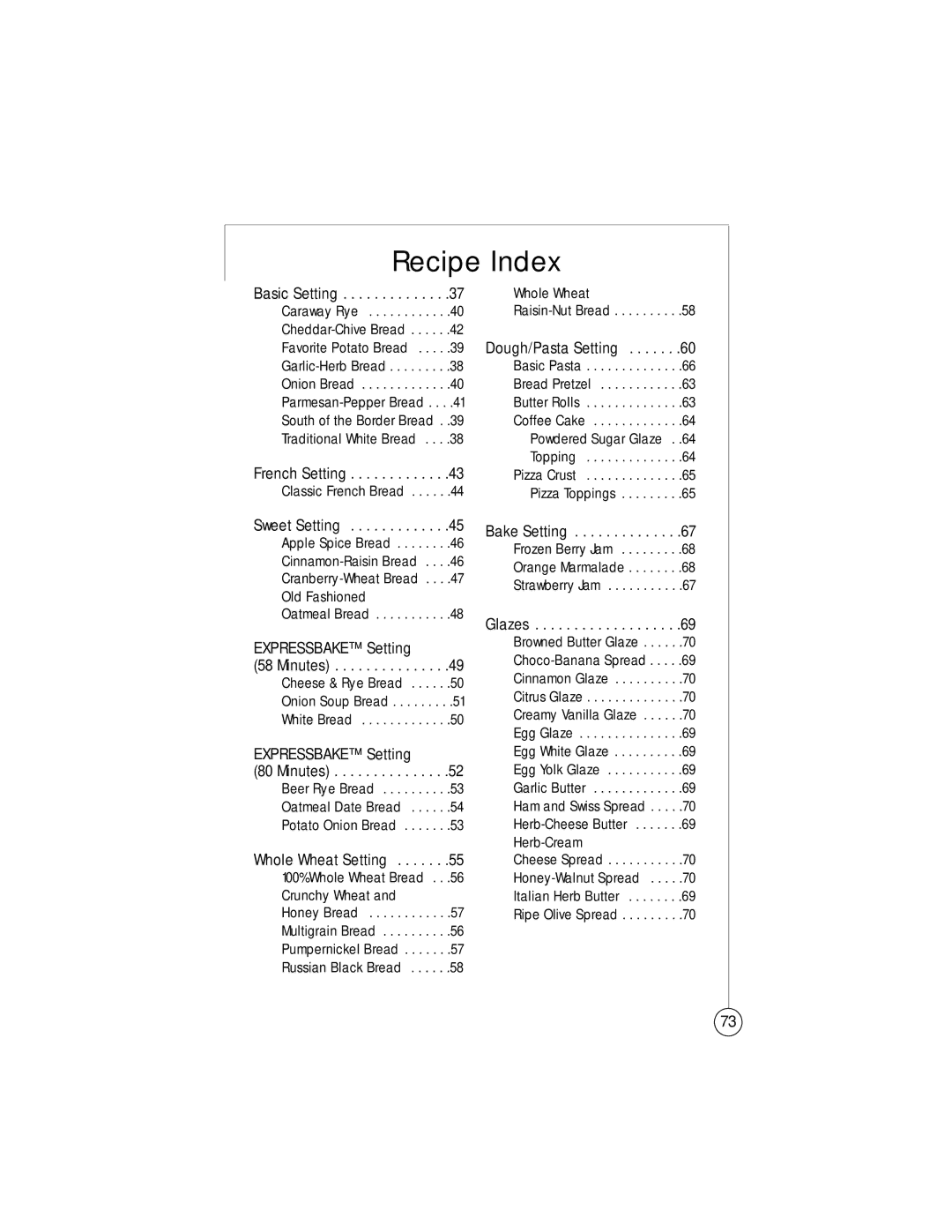 Sunbeam 102817, 5834 user manual Recipe Index 