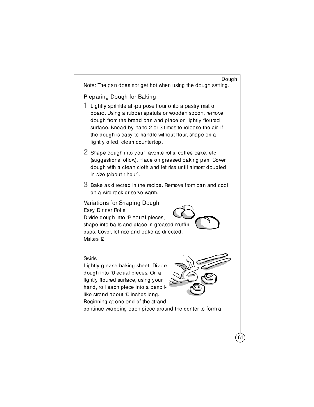 Sunbeam 102817, 5834 user manual Preparing Dough for Baking, Variations for Shaping Dough 