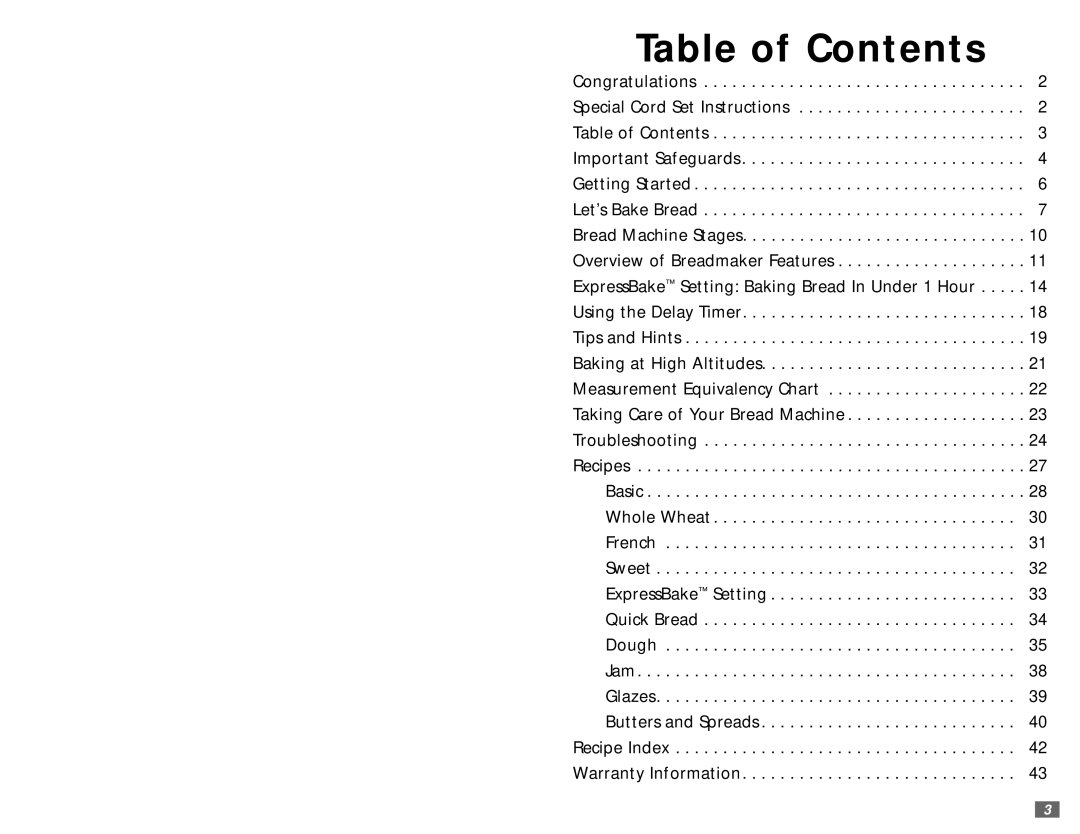 Sunbeam 5890 user manual Table of Contents 