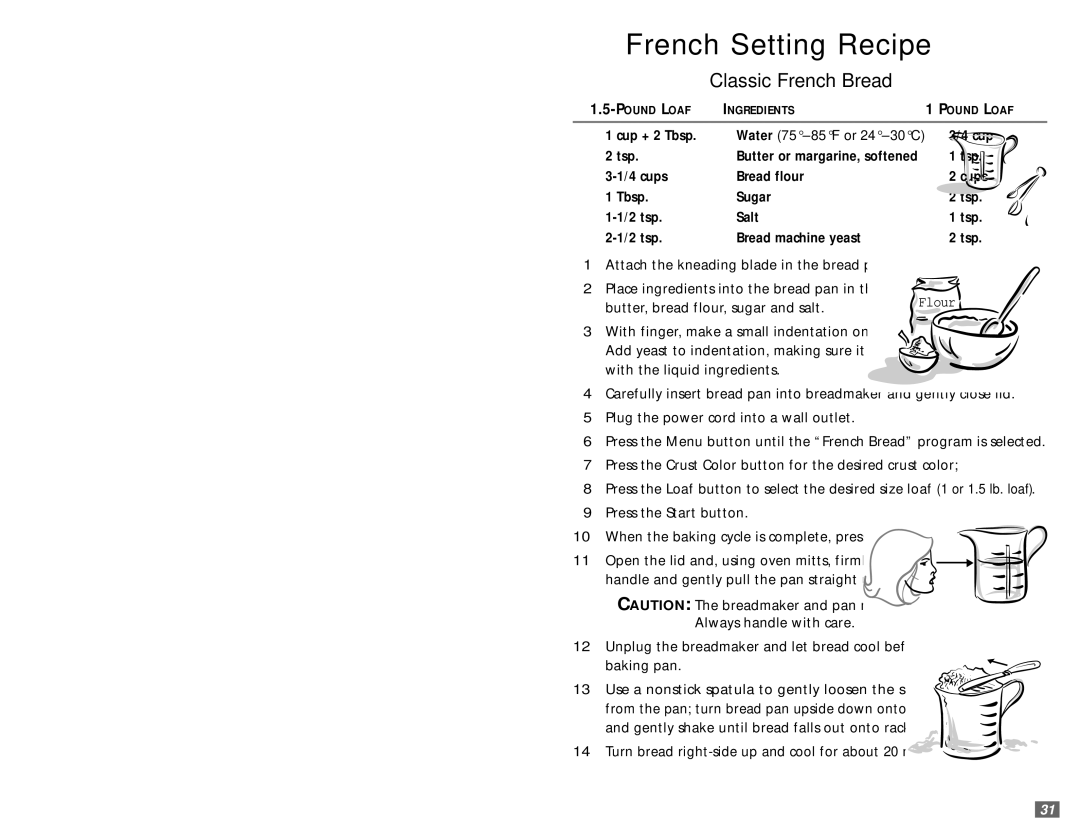 Sunbeam 5890 user manual French Setting Recipe, Classic French Bread 