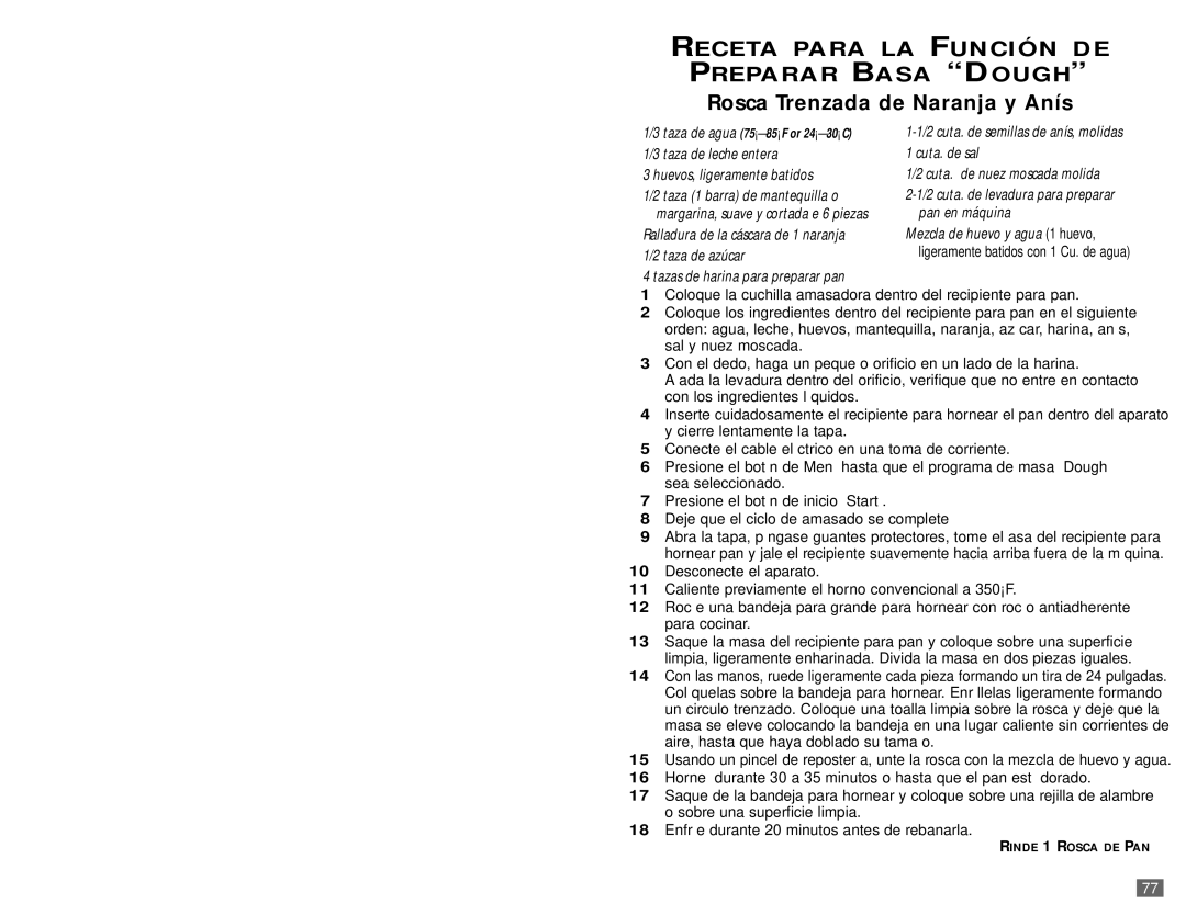 Sunbeam 5890 user manual Receta Para LA Función DE Panes Rápidos Quickbread, Pan de Chocolate y Nuez 