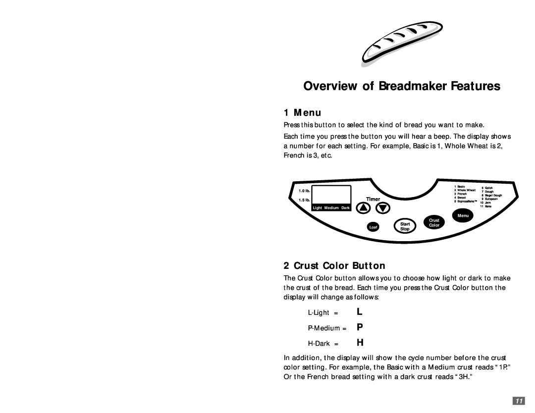 Sunbeam 5890 user manual Overview of Breadmaker Features, Menu, Crust Color Button, L P H 