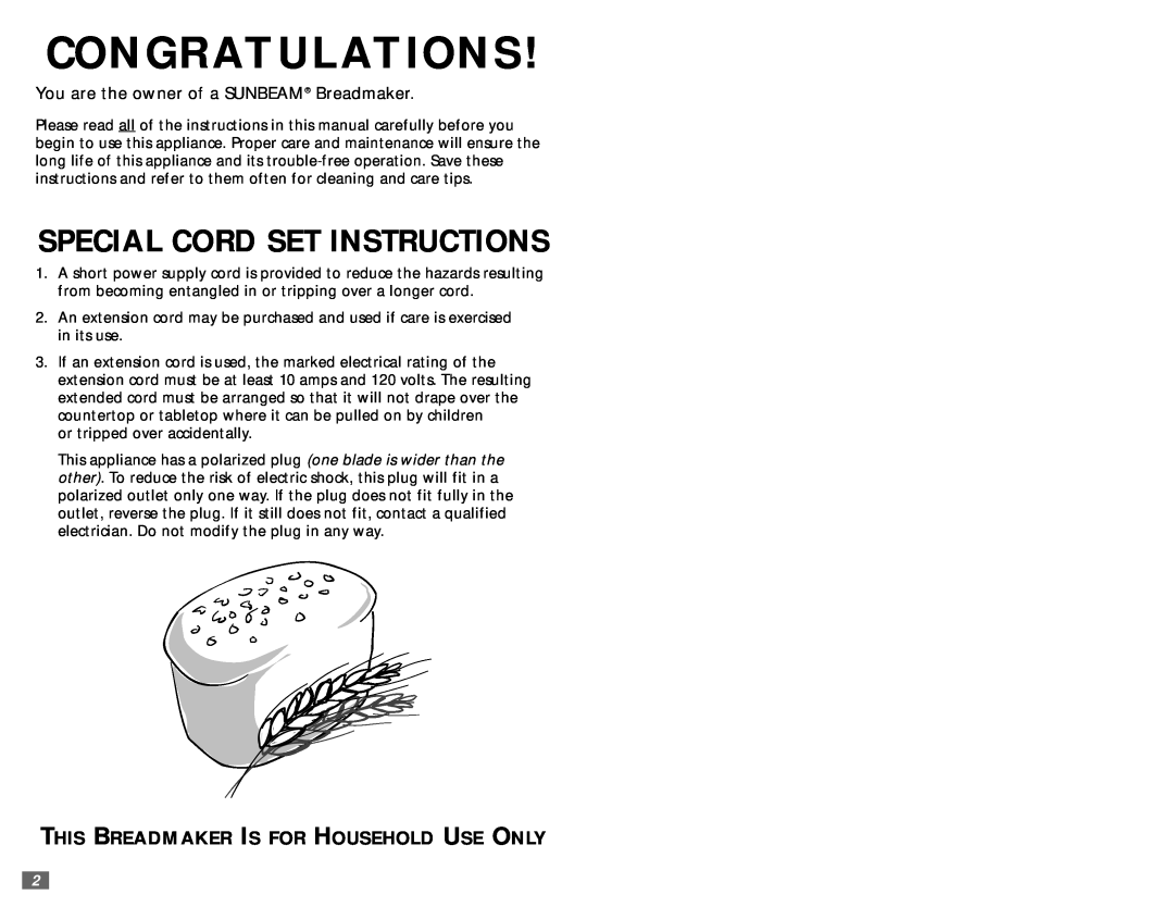 Sunbeam 5890 user manual Congratulations, Special Cord Set Instructions, This Breadmaker Is For Household Use Only 