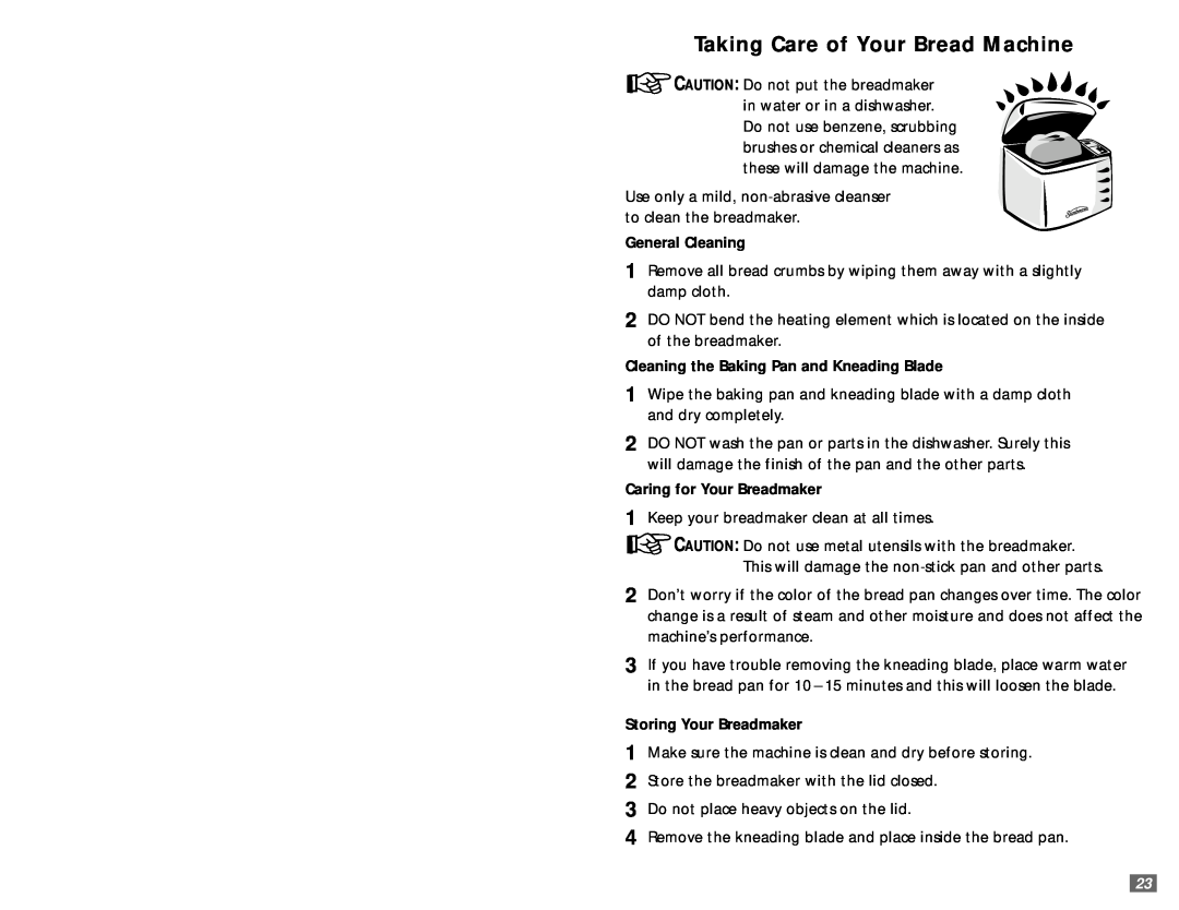 Sunbeam 5890 user manual Taking Care of Your Bread Machine, General Cleaning, Cleaning the Baking Pan and Kneading Blade 