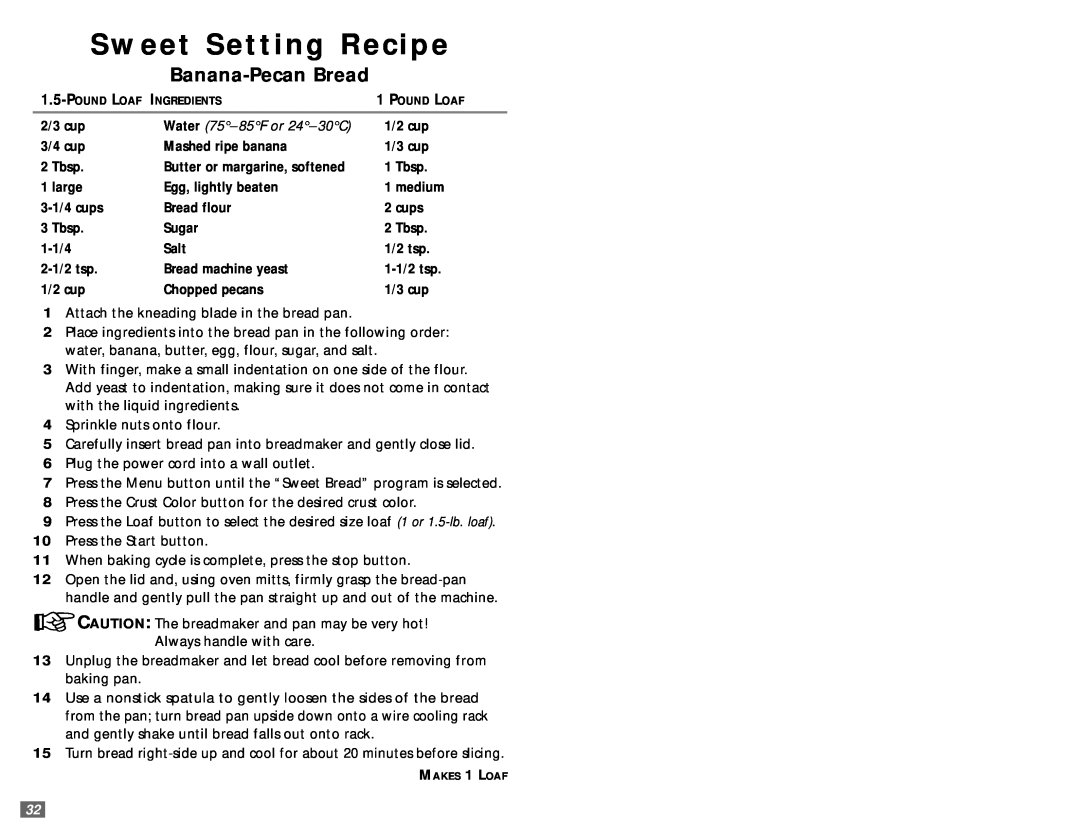 Sunbeam 5890 user manual Sweet Setting Recipe, Banana-PecanBread, Water 75- 85F or 24- 30C 