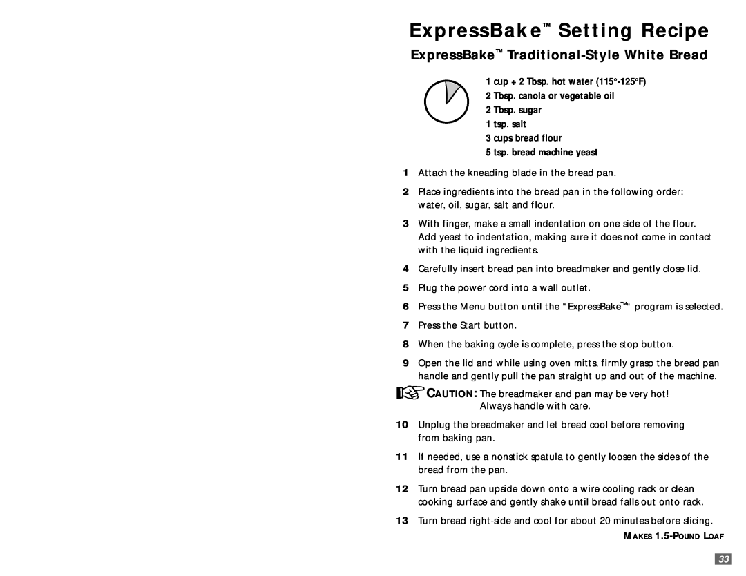 Sunbeam 5890 user manual ExpressBake Setting Recipe 