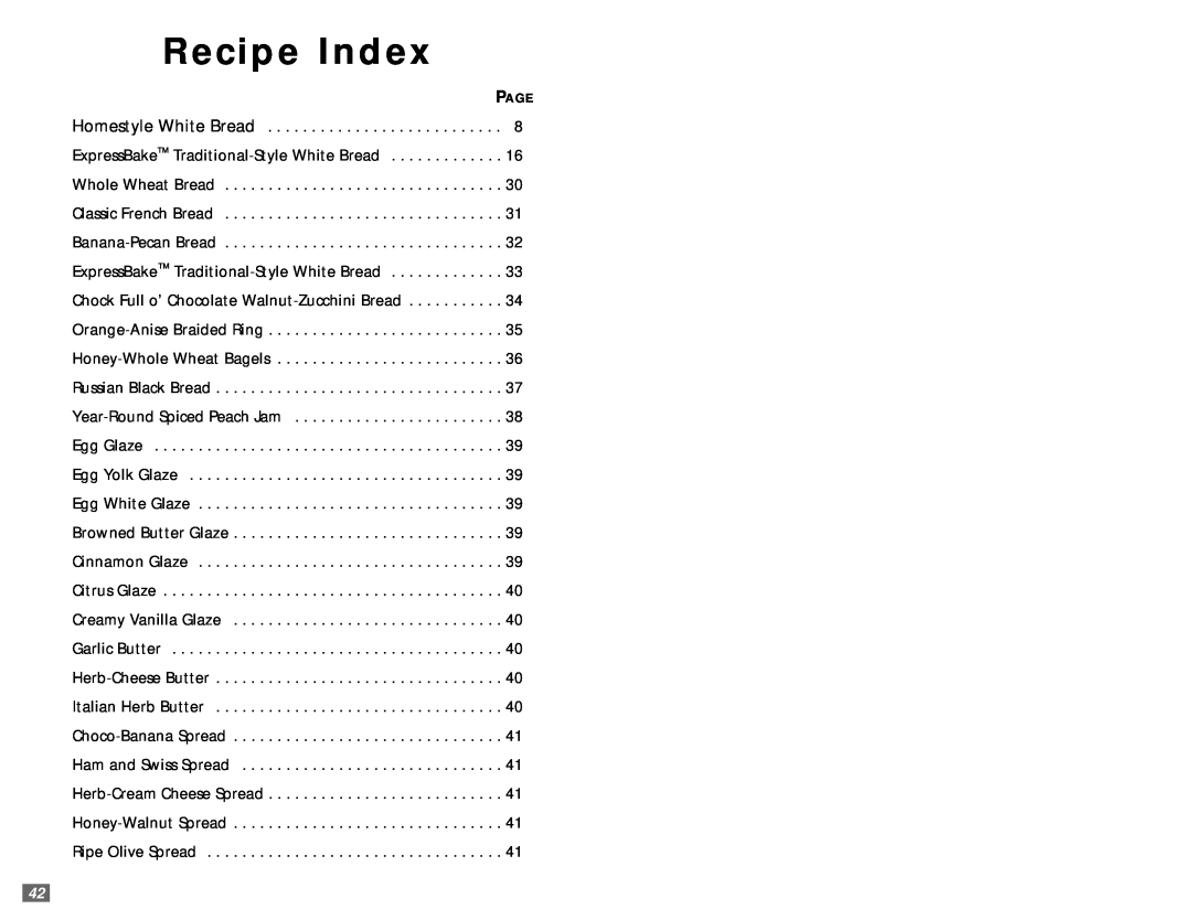 Sunbeam 5890 user manual Recipe Index, Page 