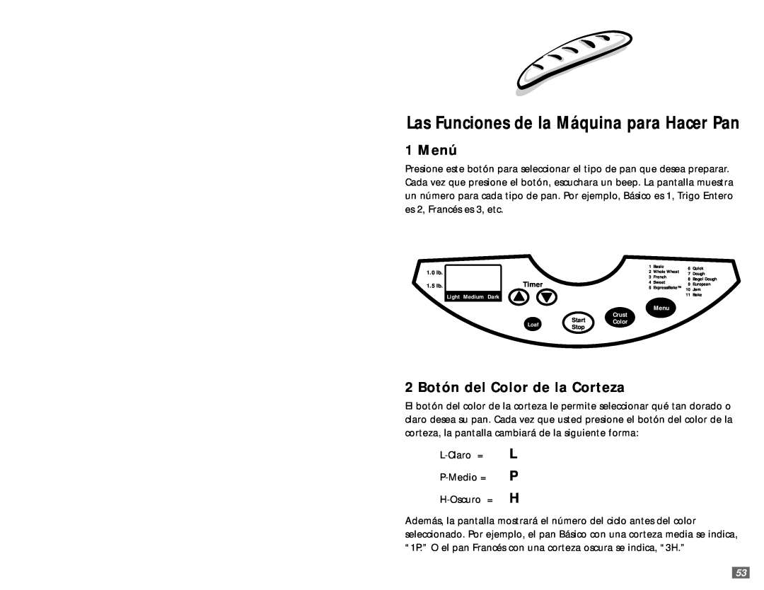 Sunbeam 5890 user manual Las Funciones de la Máquina para Hacer Pan, 1 Menú, 2 Botón del Color de la Corteza, L P H 