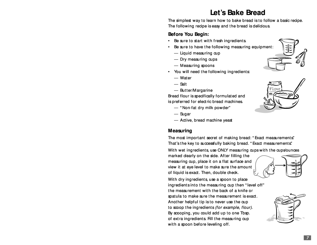 Sunbeam 5890 user manual Let’s Bake Bread, Before You Begin, Measuring 