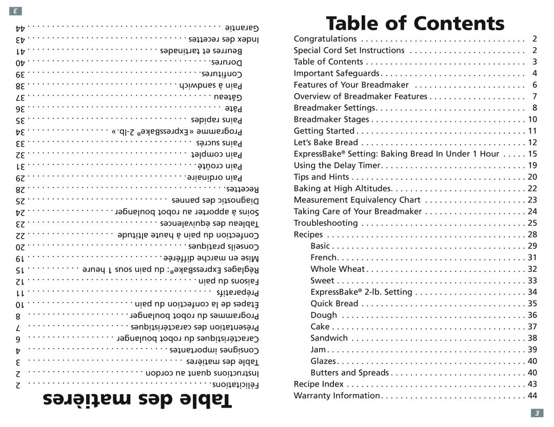 Sunbeam 5891-33 user manual matières des Table, Table of Contents 