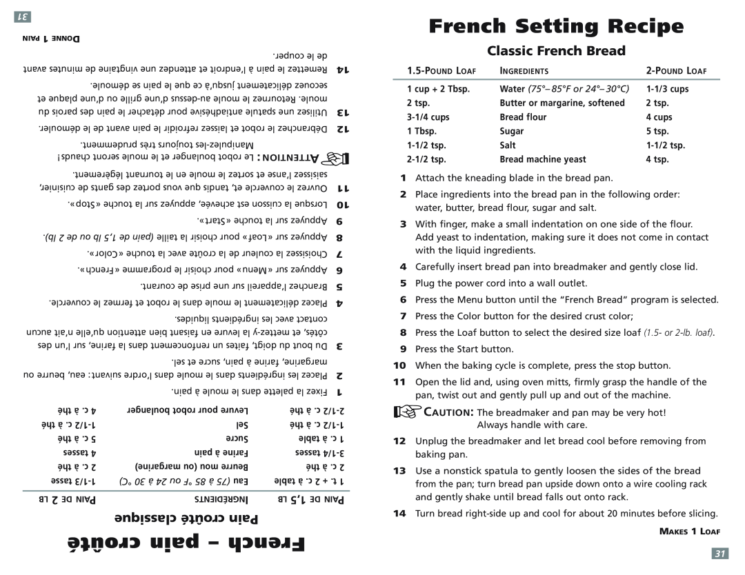 Sunbeam 5891-33 user manual croûté pain - French, French Setting Recipe, classique croûté Pain, Classic French Bread 