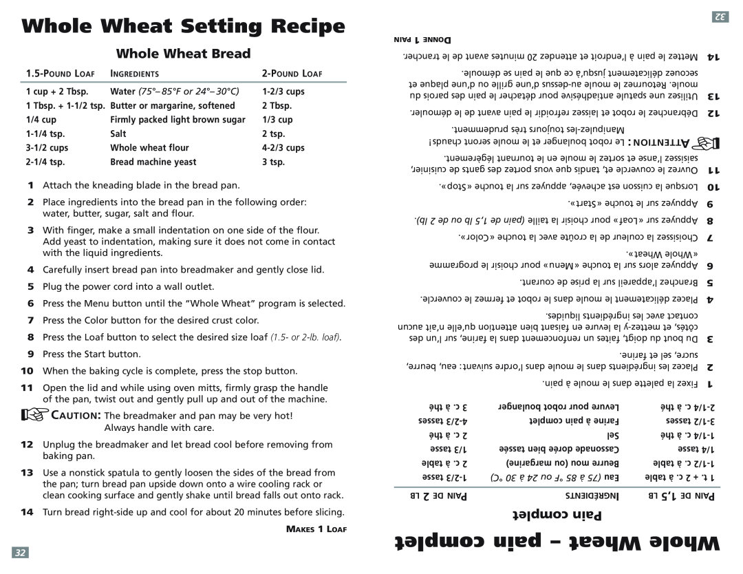 Sunbeam 5891-33 user manual Whole Wheat Setting Recipe, complet pain - Wheat Whole, Whole Wheat Bread, complet Pain 