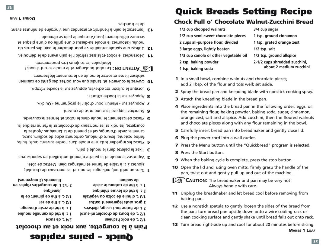 Sunbeam 5891-33 rapides pains - Quick, Quick Breads Setting Recipe, chocolat au et noix aux courgette, la à Pain 