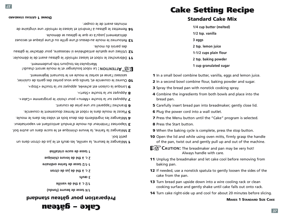 Sunbeam 5891-33 gâteau - Cake, Cake Setting Recipe, standard gâteau pour Préparation, Standard Cake Mix, Ttention 