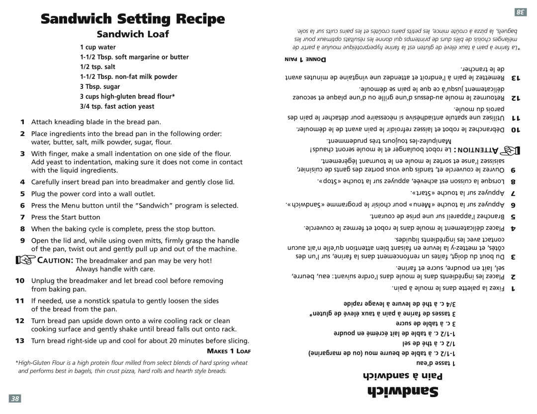 Sunbeam 5891-33 user manual Sandwich Loaf, sandwich à Pain, Sandwich Setting Recipe 