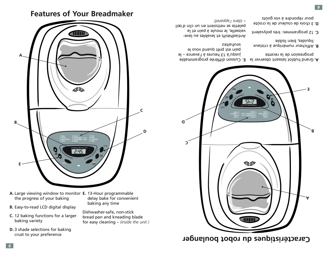 Sunbeam 5891-33 user manual Features of Your Breadmaker, boulanger robot du Caractéristiques 