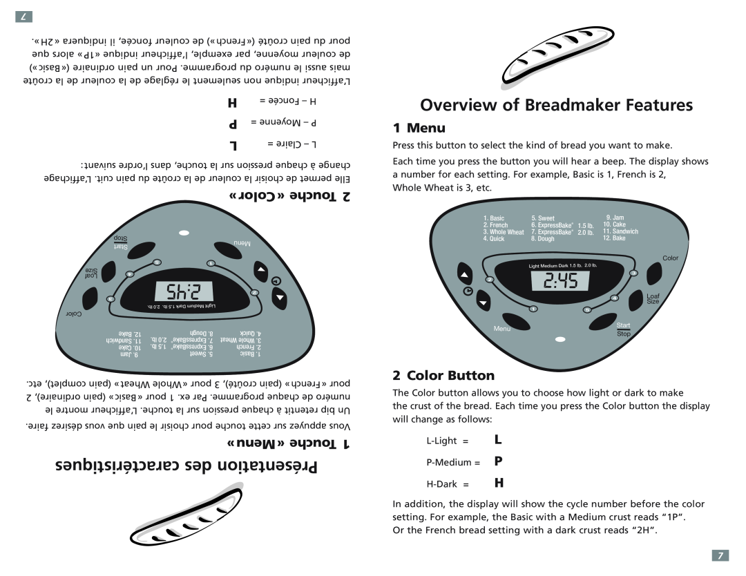 Sunbeam 5891-33 caractéristiques des Présentation, Overview of Breadmaker Features, «Color» Touche, «Menu» Touche 