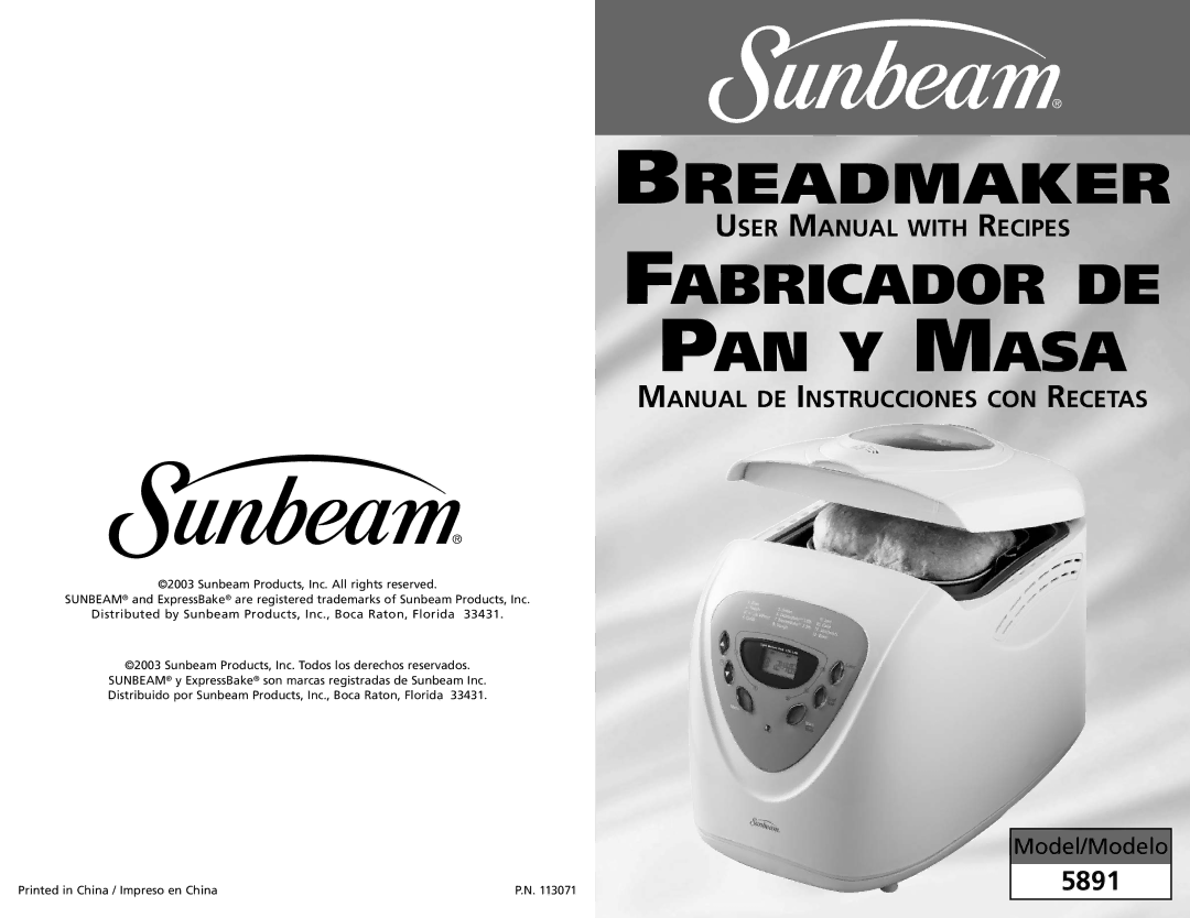 Sunbeam 5891 user manual Breadmaker 