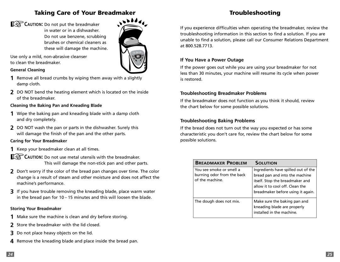 Sunbeam 5891 user manual Taking Care of Your Breadmaker, Troubleshooting 