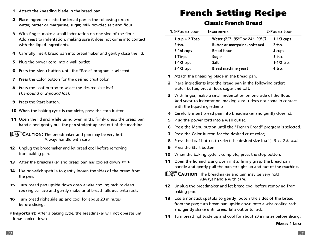 Sunbeam 5891 user manual French Setting Recipe, Classic French Bread 