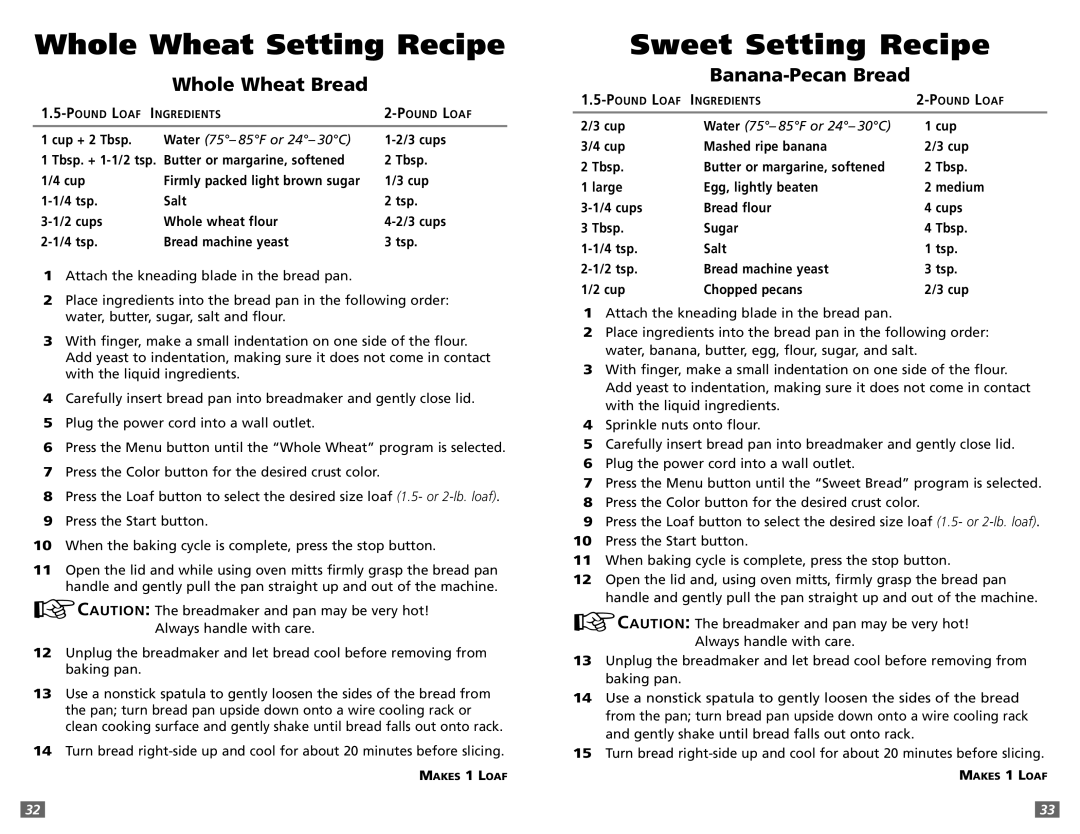 Sunbeam 5891 user manual Whole Wheat Setting Recipe, Sweet Setting Recipe, Whole Wheat Bread, Banana-Pecan Bread 