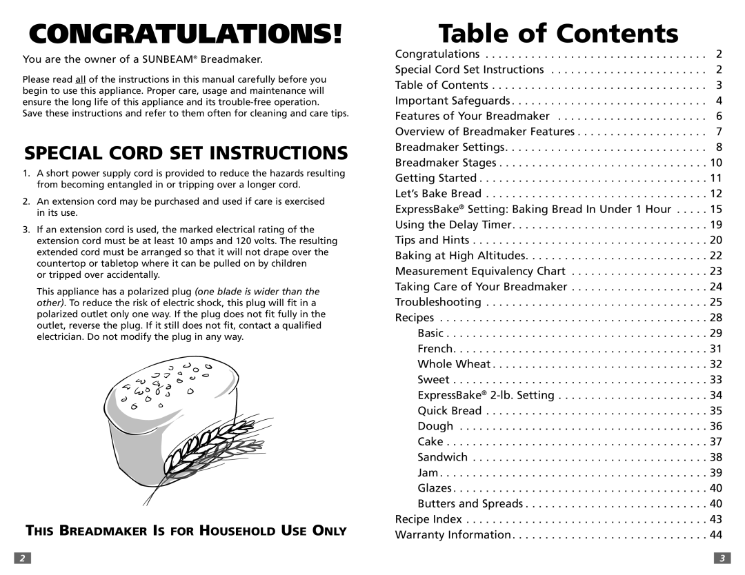 Sunbeam 5891 user manual Congratulations 