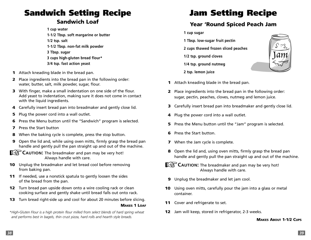 Sunbeam 5891 user manual Jam Setting Recipe, Sandwich Loaf, Year ‘Round Spiced Peach Jam 