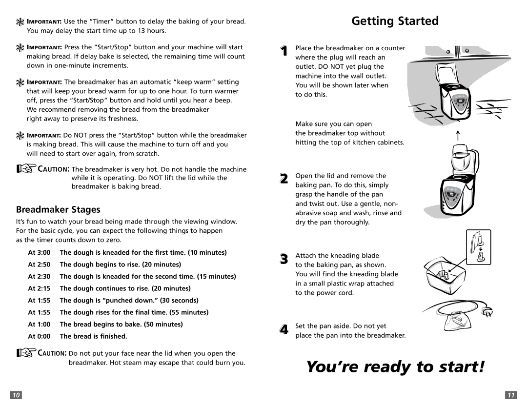 Sunbeam 5891 user manual Getting Started, Breadmaker Stages 