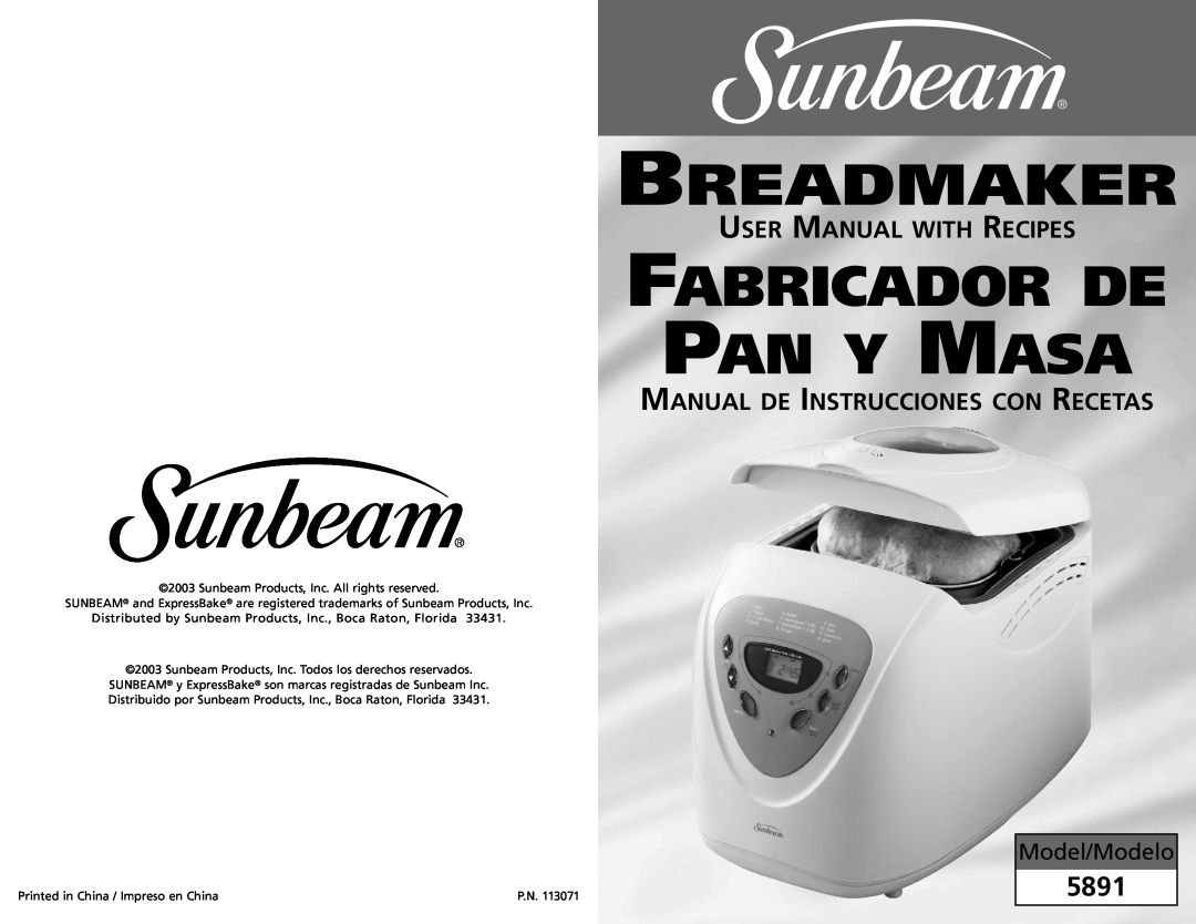 Sunbeam 5891 user manual Breadmaker, Fabricador De Pan Y Masa, Manual De Instrucciones Con Recetas, Model/Modelo 