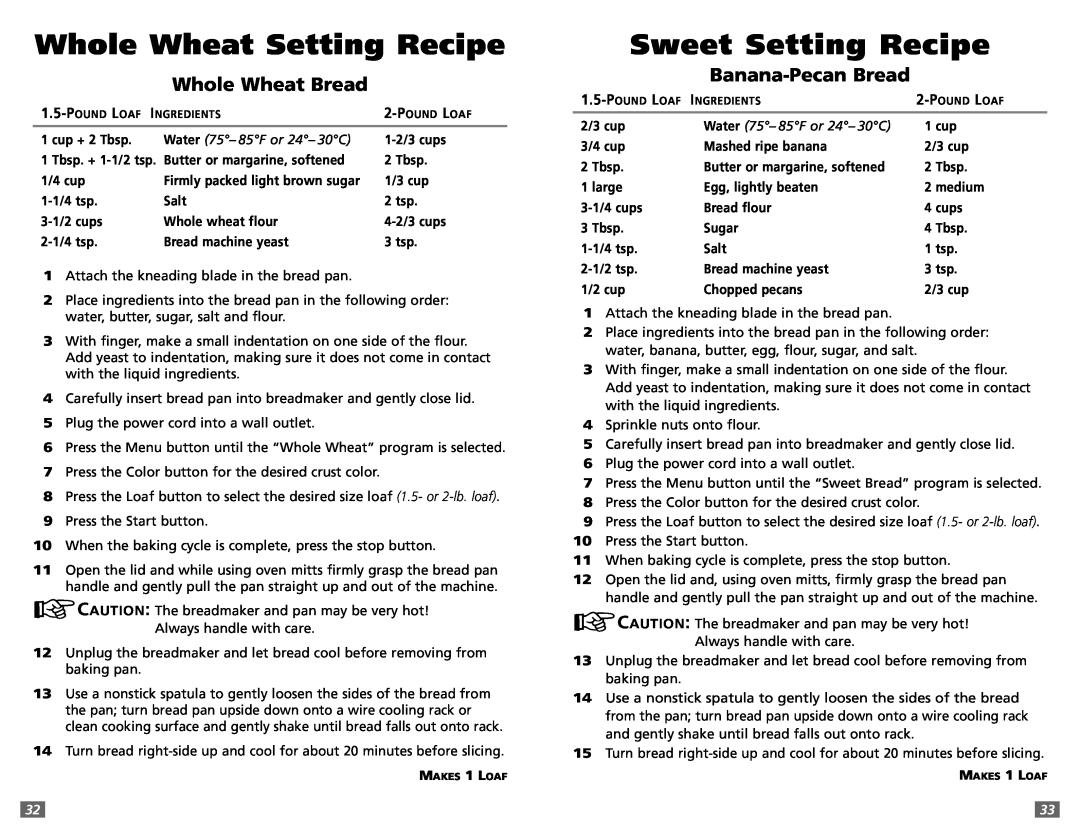 Sunbeam 5891 user manual Whole Wheat Setting Recipe, Sweet Setting Recipe, Whole Wheat Bread, Banana-Pecan Bread 