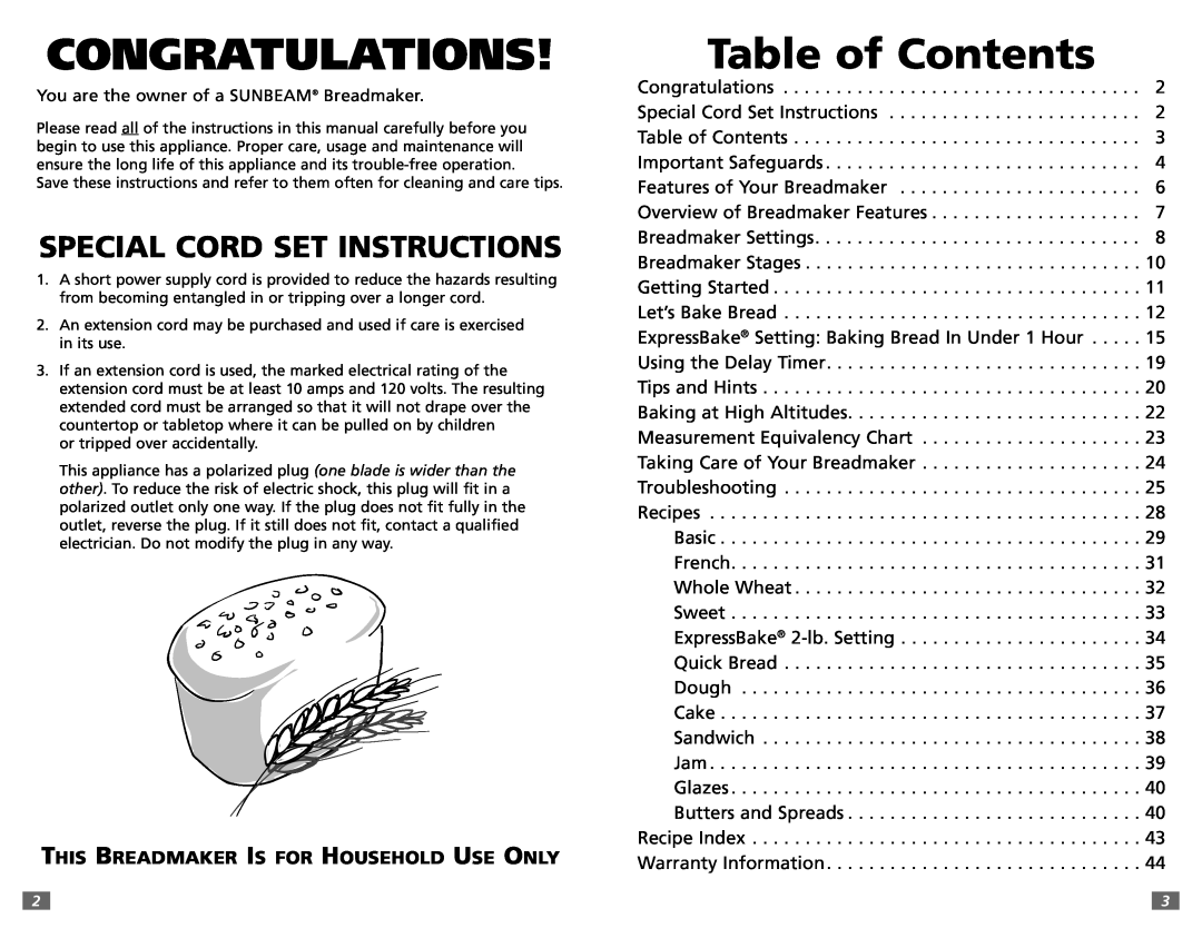 Sunbeam 5891 user manual Congratulations, Table of Contents, Special Cord Set Instructions 