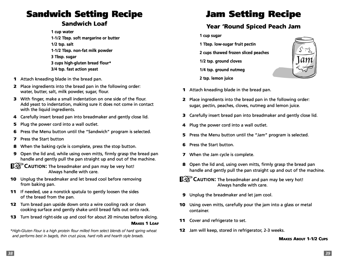 Sunbeam 5891 user manual Jam Setting Recipe, Sandwich Setting Recipe 