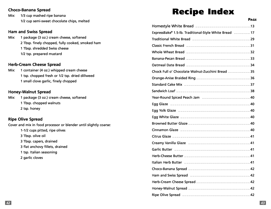 Sunbeam 5891 Recipe Index, Choco-Banana Spread, Ham and Swiss Spread, Herb-Cream Cheese Spread, Honey-Walnut Spread 